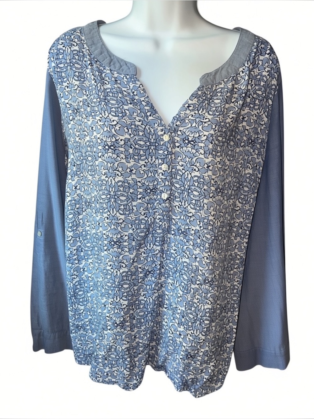 Como Vintage Women’s 2X Chambray Floral Roll Tab Blouse Blue Plus Size